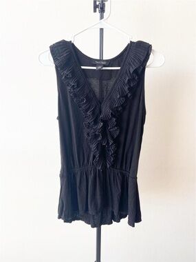 White House Black Market Black Ruffle V-Neck Sleeveless Top Size S